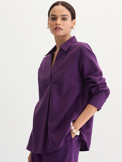 Deep Purple Cotton Linen Pleat Detail Tunic