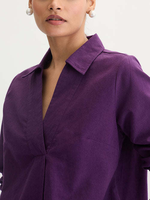 Deep Purple Cotton Linen Pleat Detail Tunic