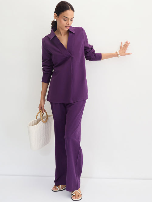 Deep Purple Cotton Linen Pleat Detail Tunic