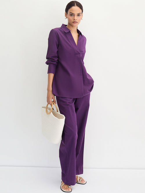 Deep Purple Cotton Linen Straight Pants
