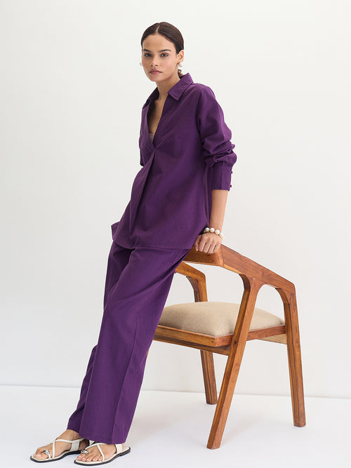 Deep Purple Cotton Linen Straight Pants
