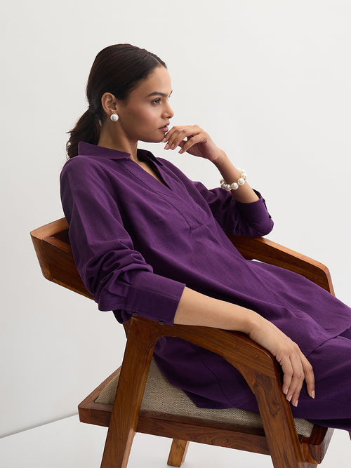 Deep Purple Cotton Linen Pleat Detail Tunic