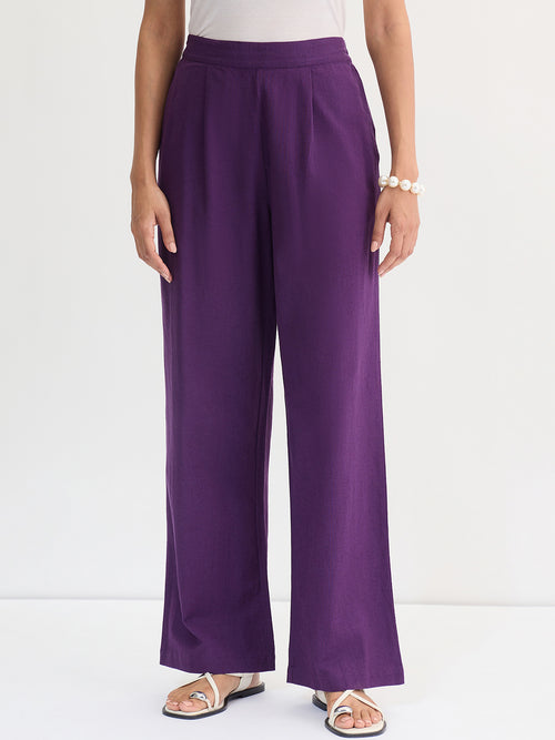 Deep Purple Cotton Linen Straight Pants