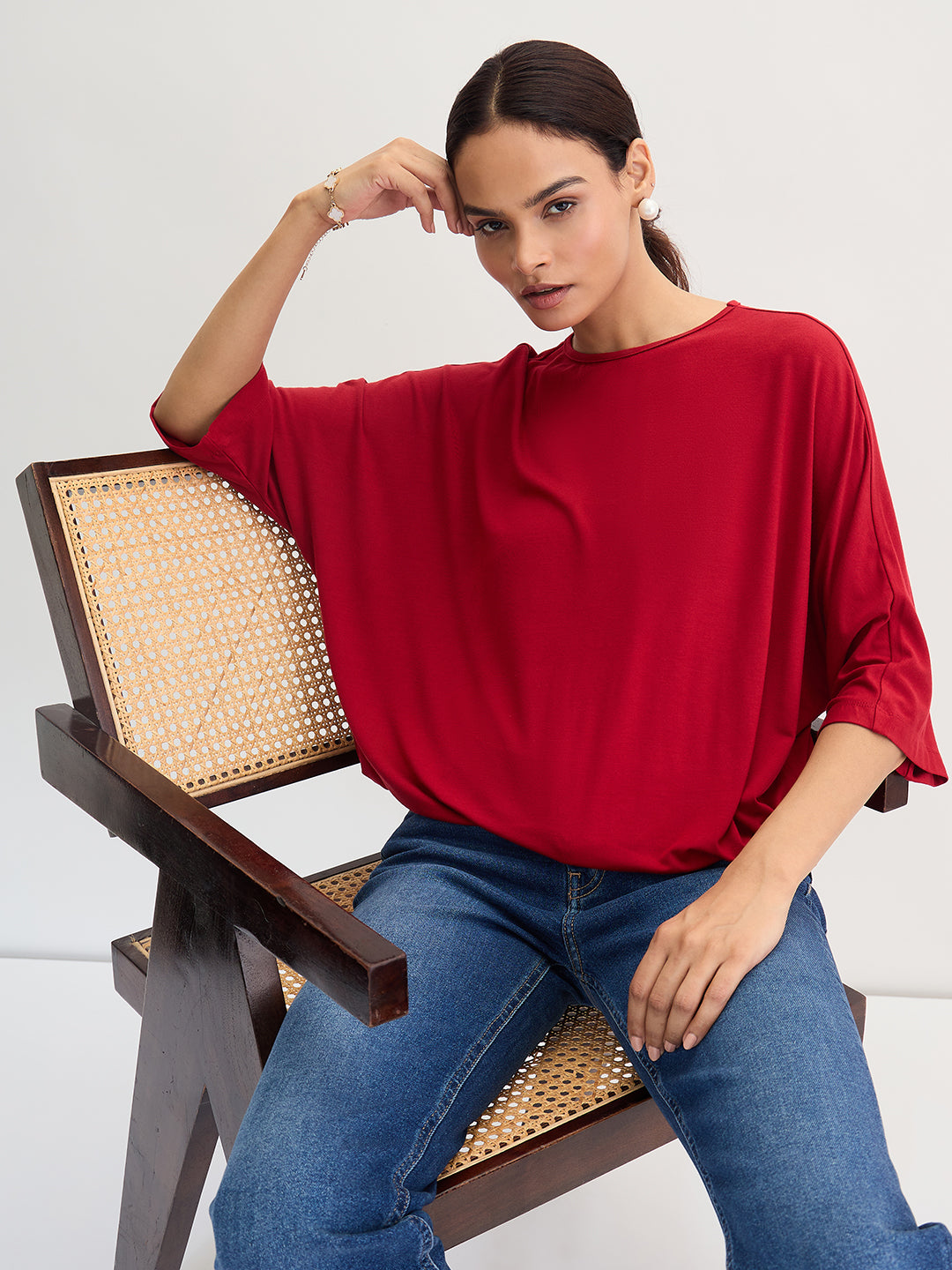 Bamboo Deep Red Knit Elasticated Hem Detail Top