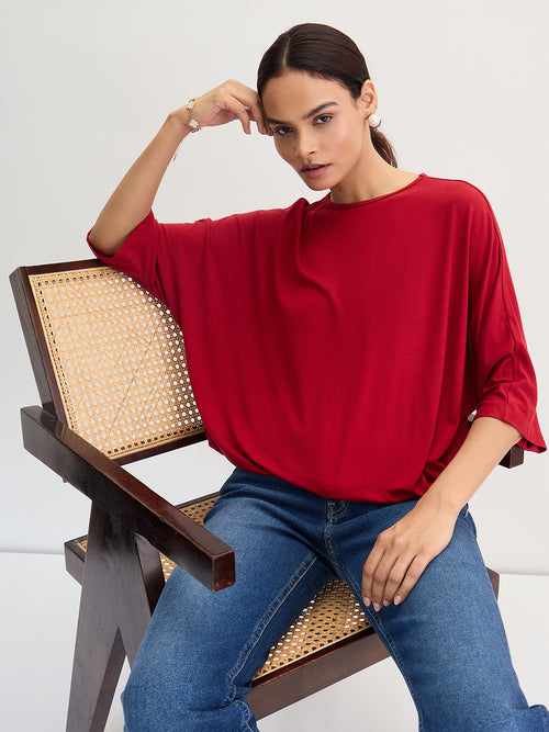 Bamboo Deep Red Knit Elasticated Hem Detail Top
