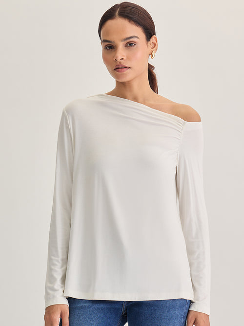 Bamboo White Knit One Shoulder Top