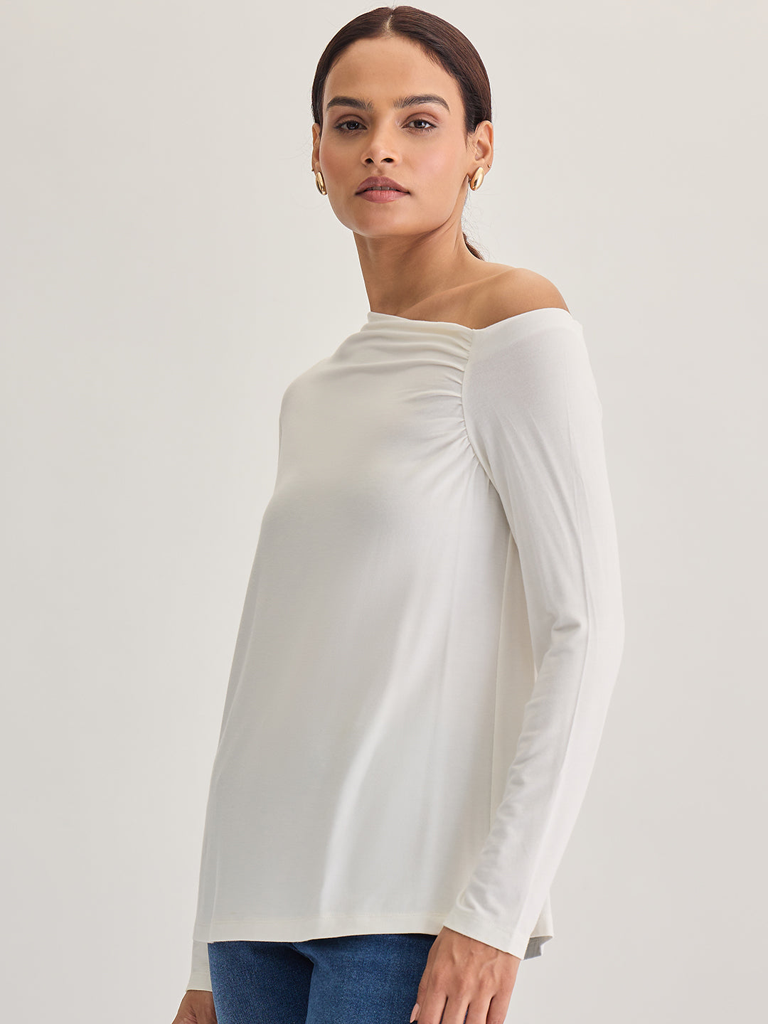 Bamboo White Knit One Shoulder Top