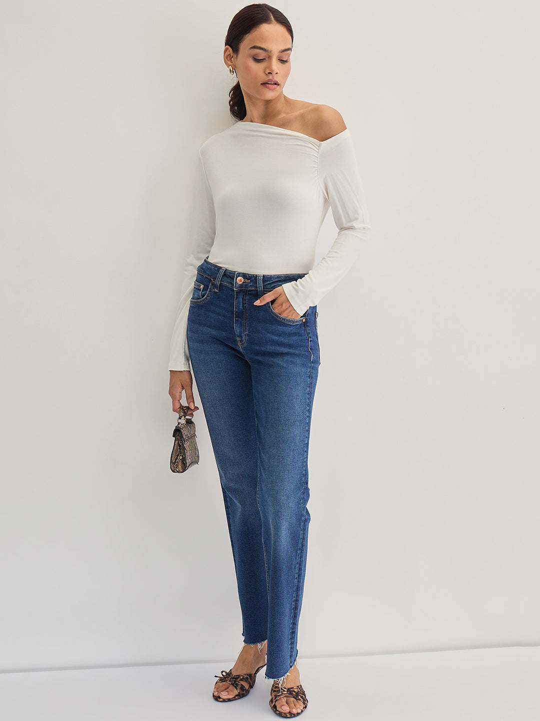 Bamboo White Knit One Shoulder Top