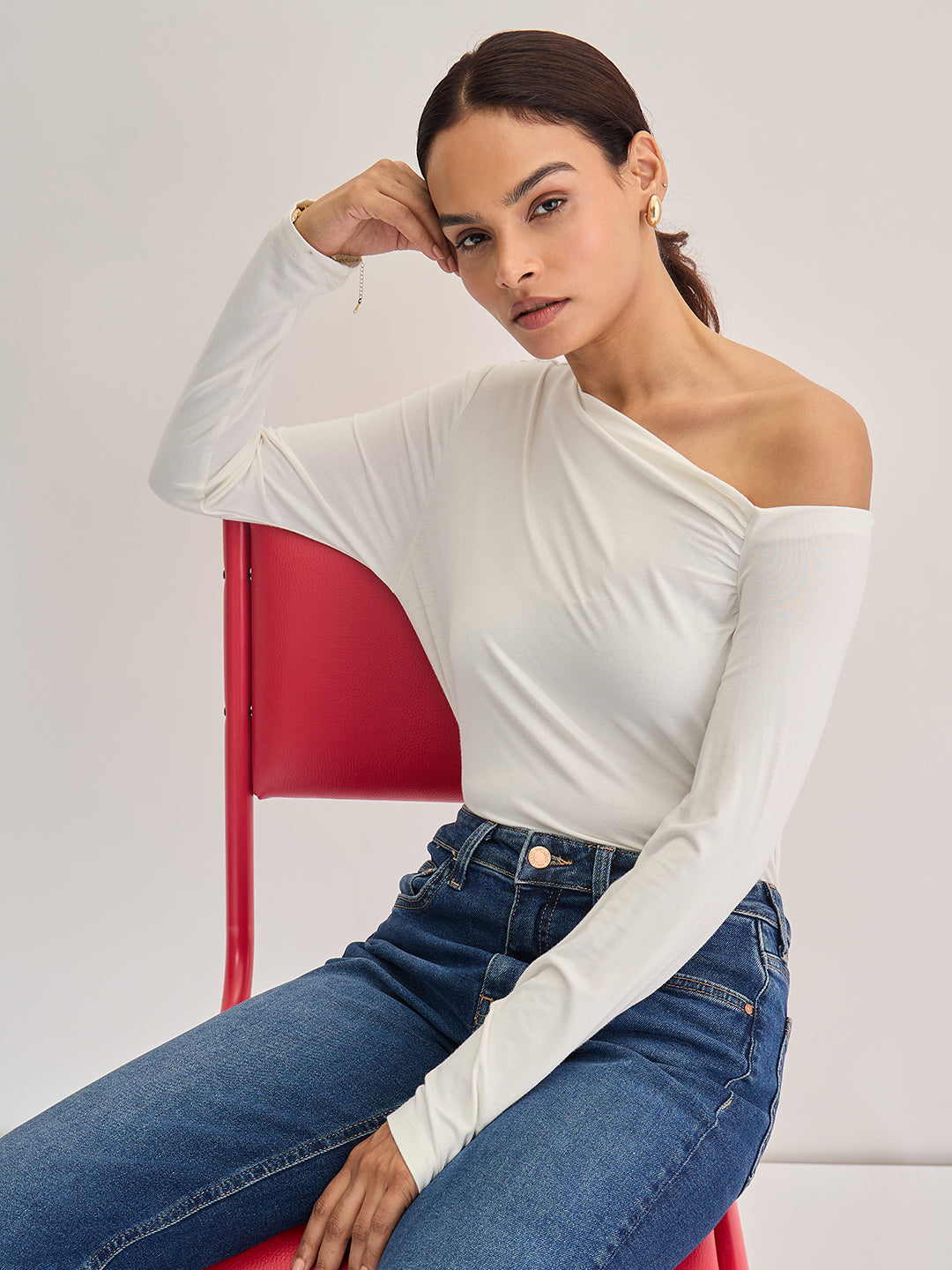 Bamboo White Knit One Shoulder Top
