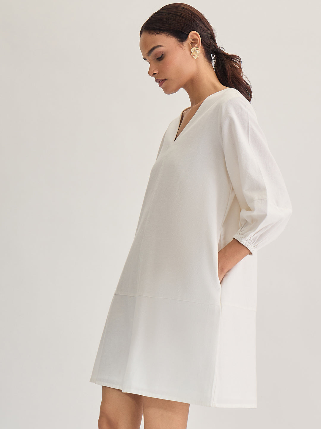 White Cotton Linen Mini Dress