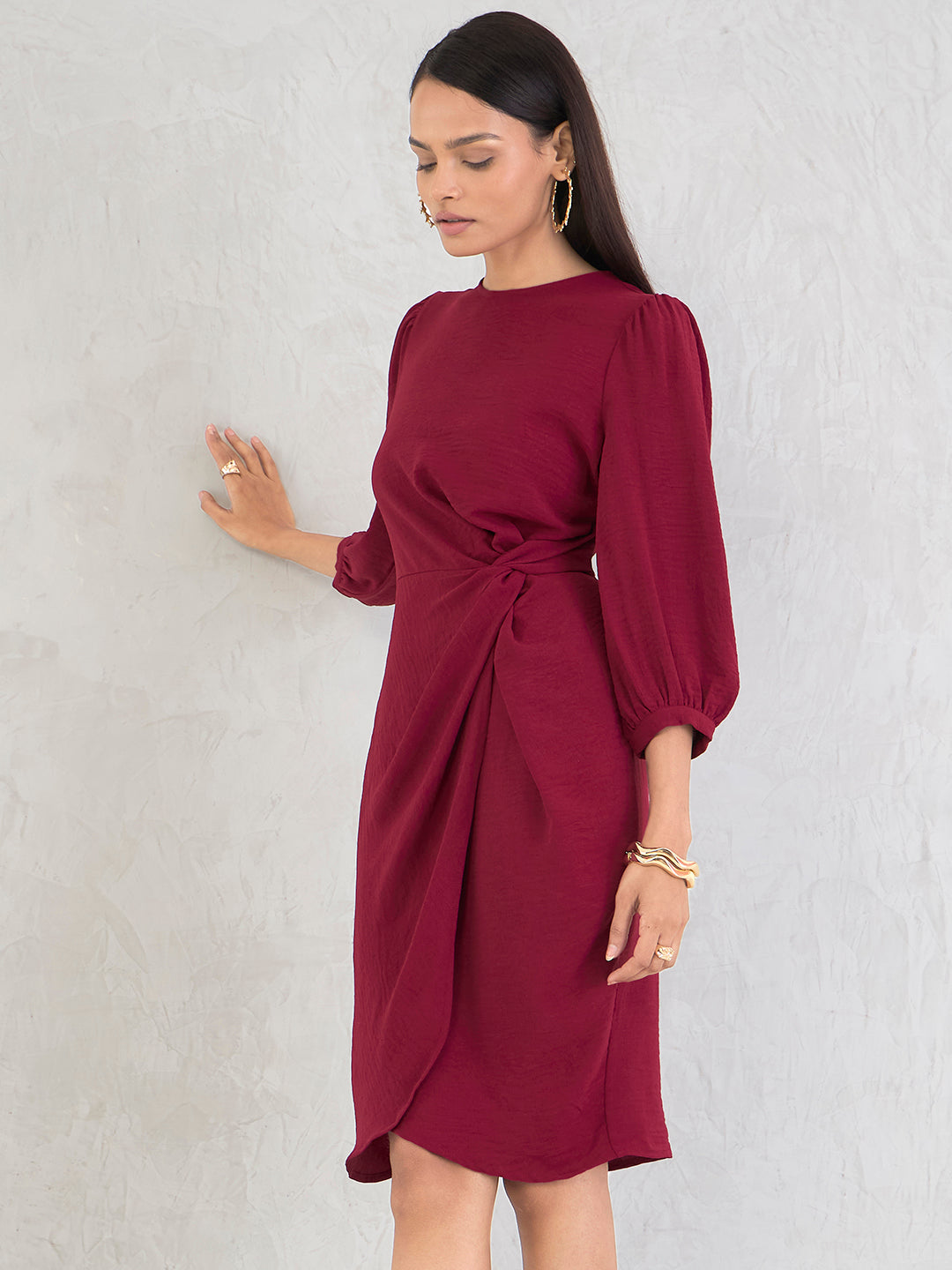 Maroon Knotted Knee Length Dress