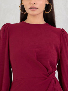 Maroon Knotted Knee Length Dress