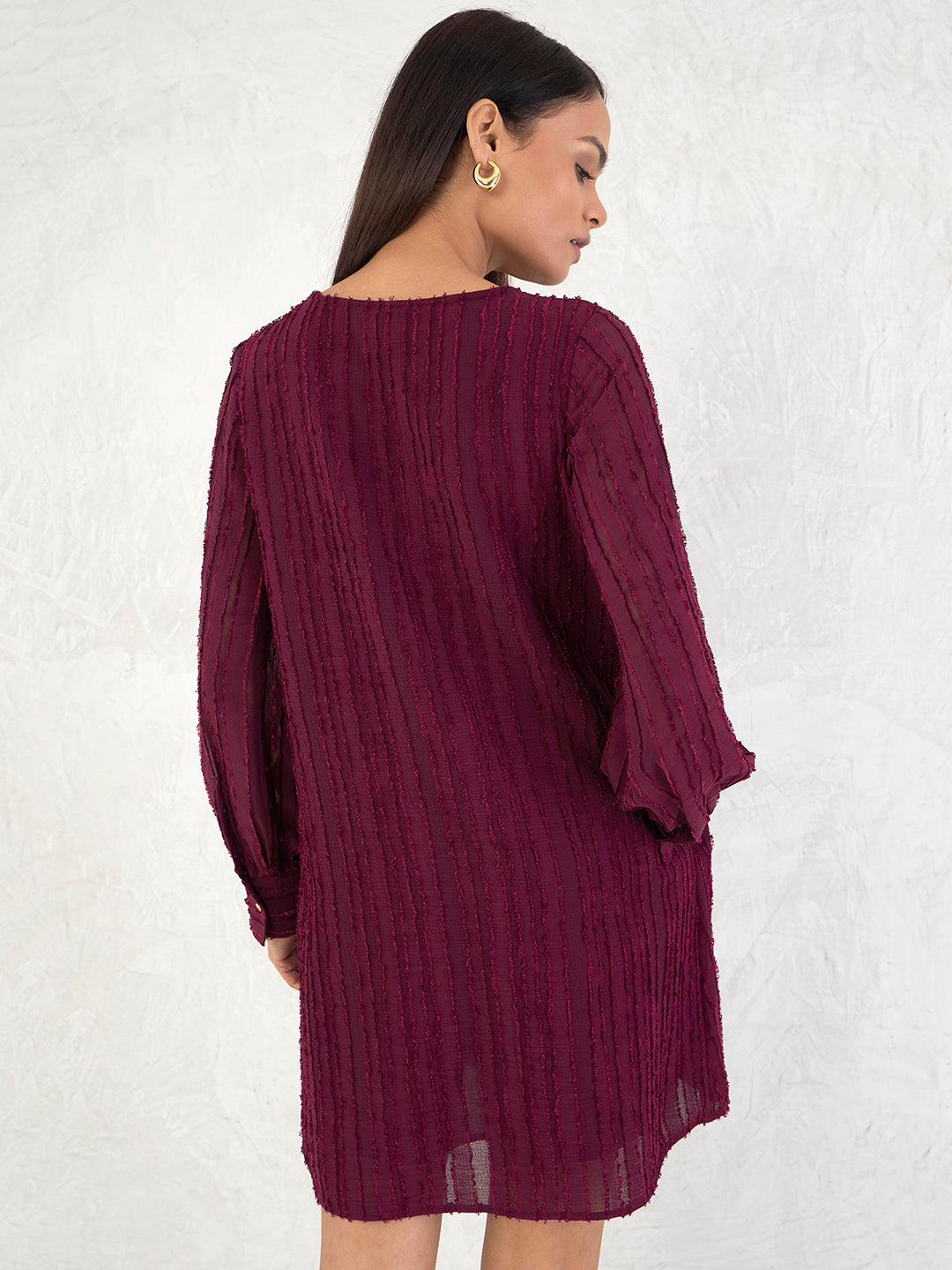 Wine Textured Straight Fit Mini Dress