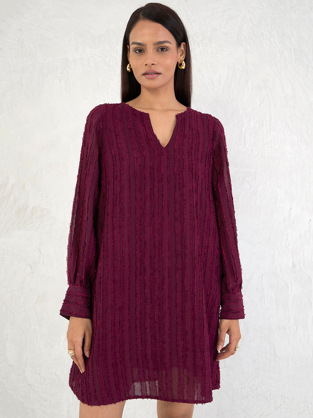 Wine Textured Straight Fit Mini Dress
