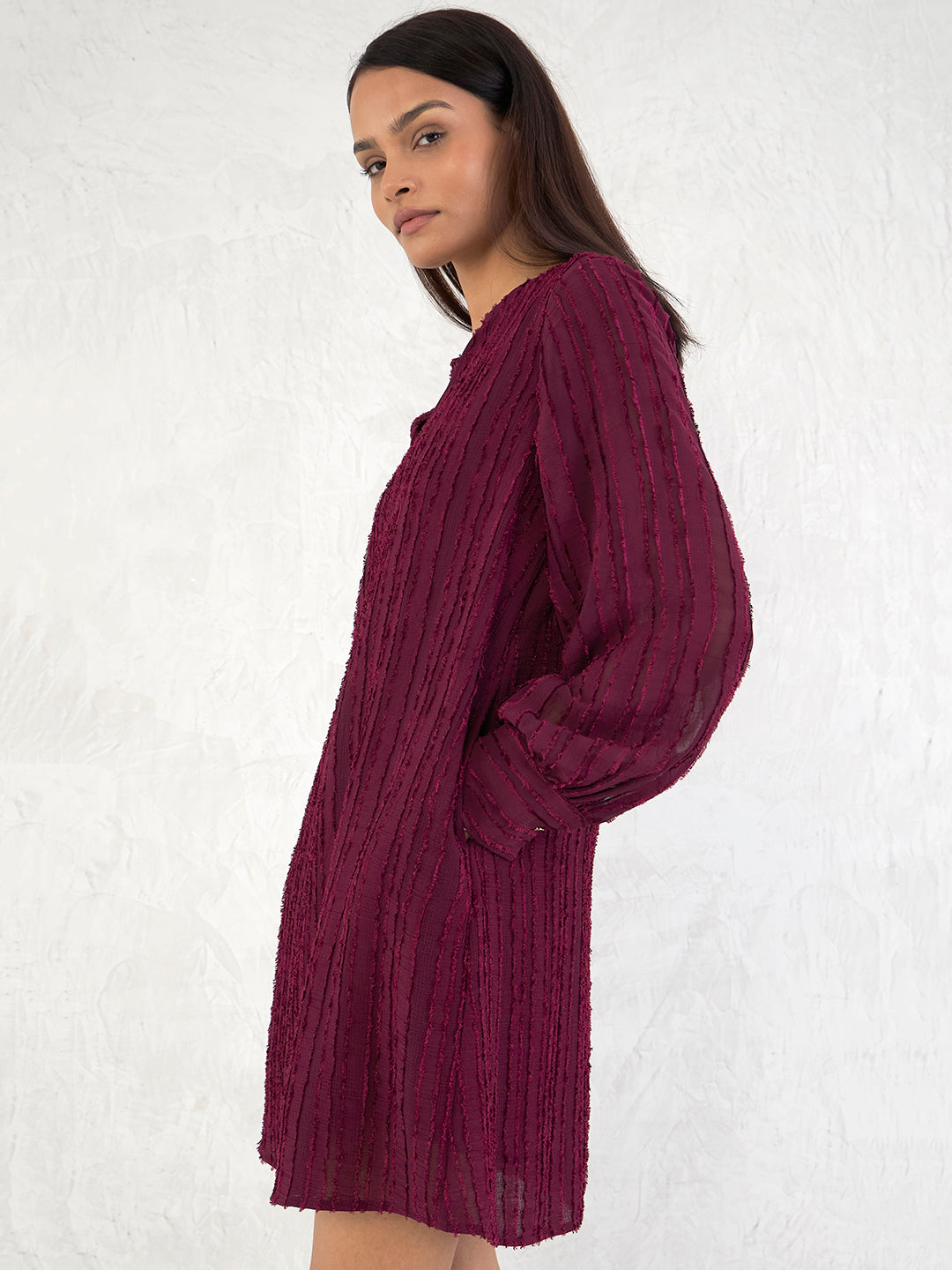 Wine Textured Straight Fit Mini Dress