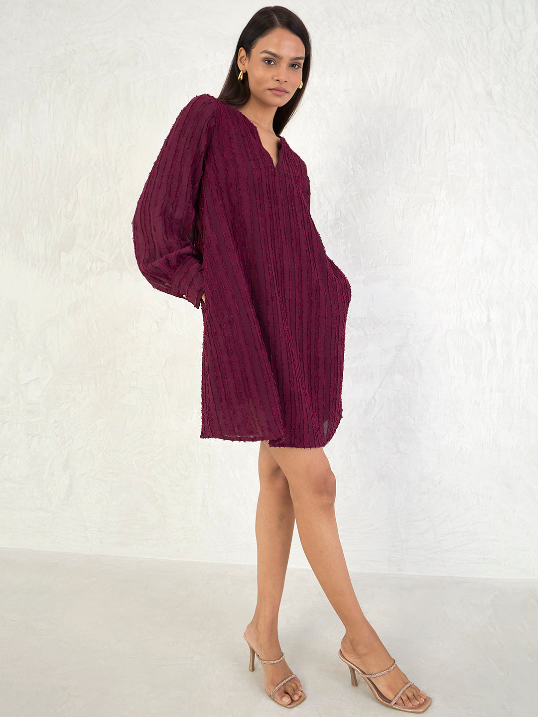 Wine Textured Straight Fit Mini Dress