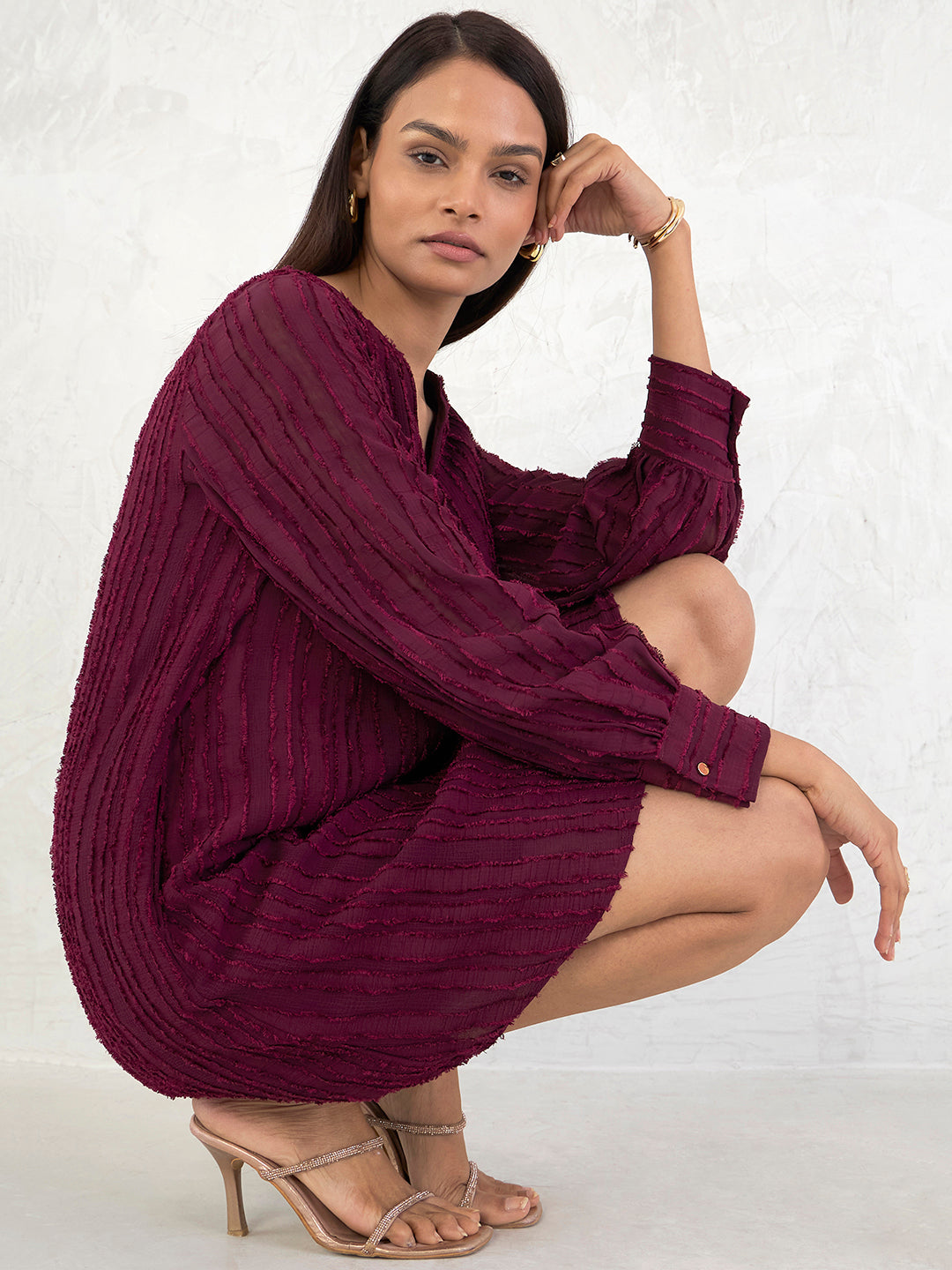 Wine Textured Straight Fit Mini Dress