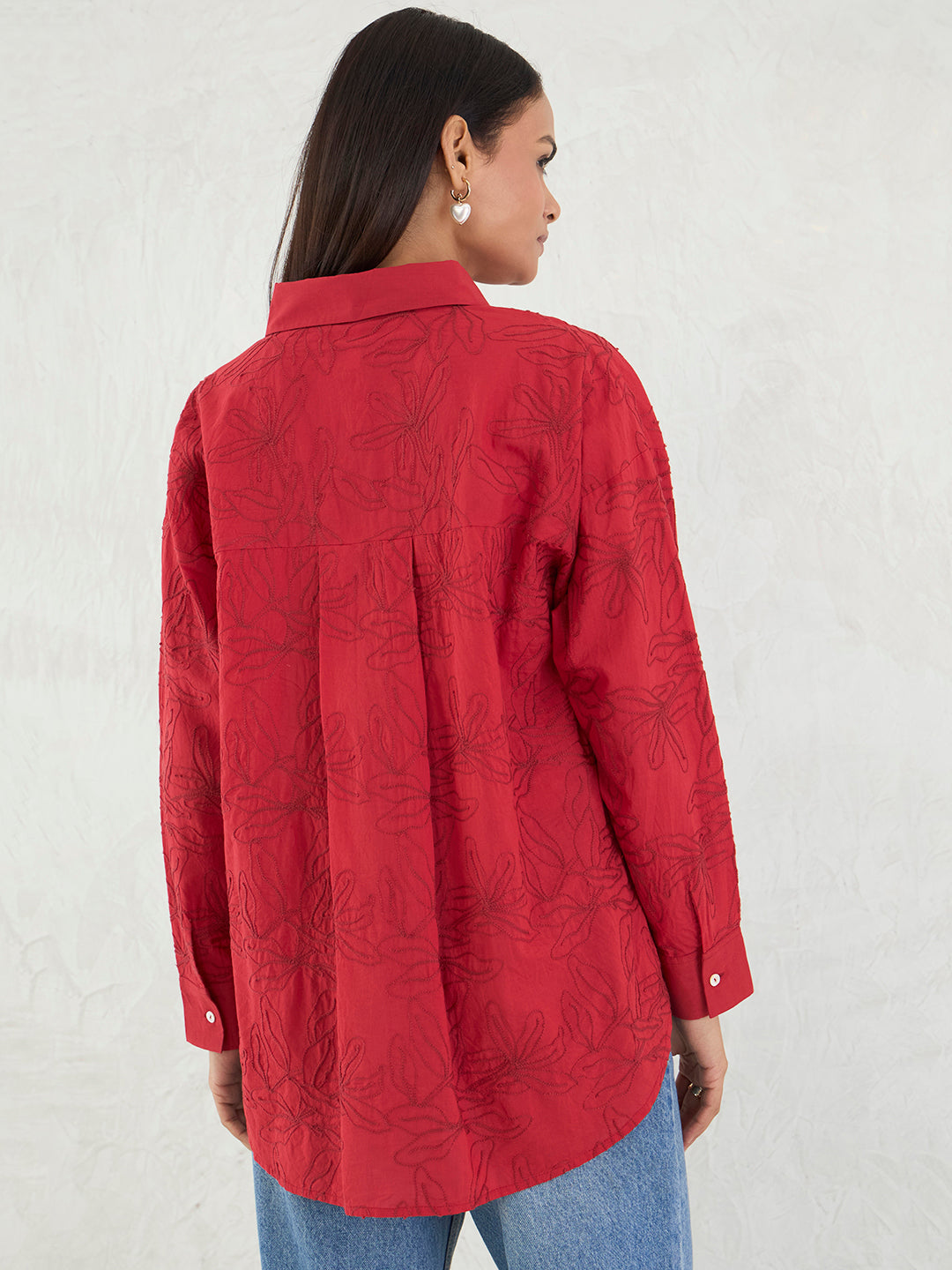 Red Embroidered Cotton Shirt