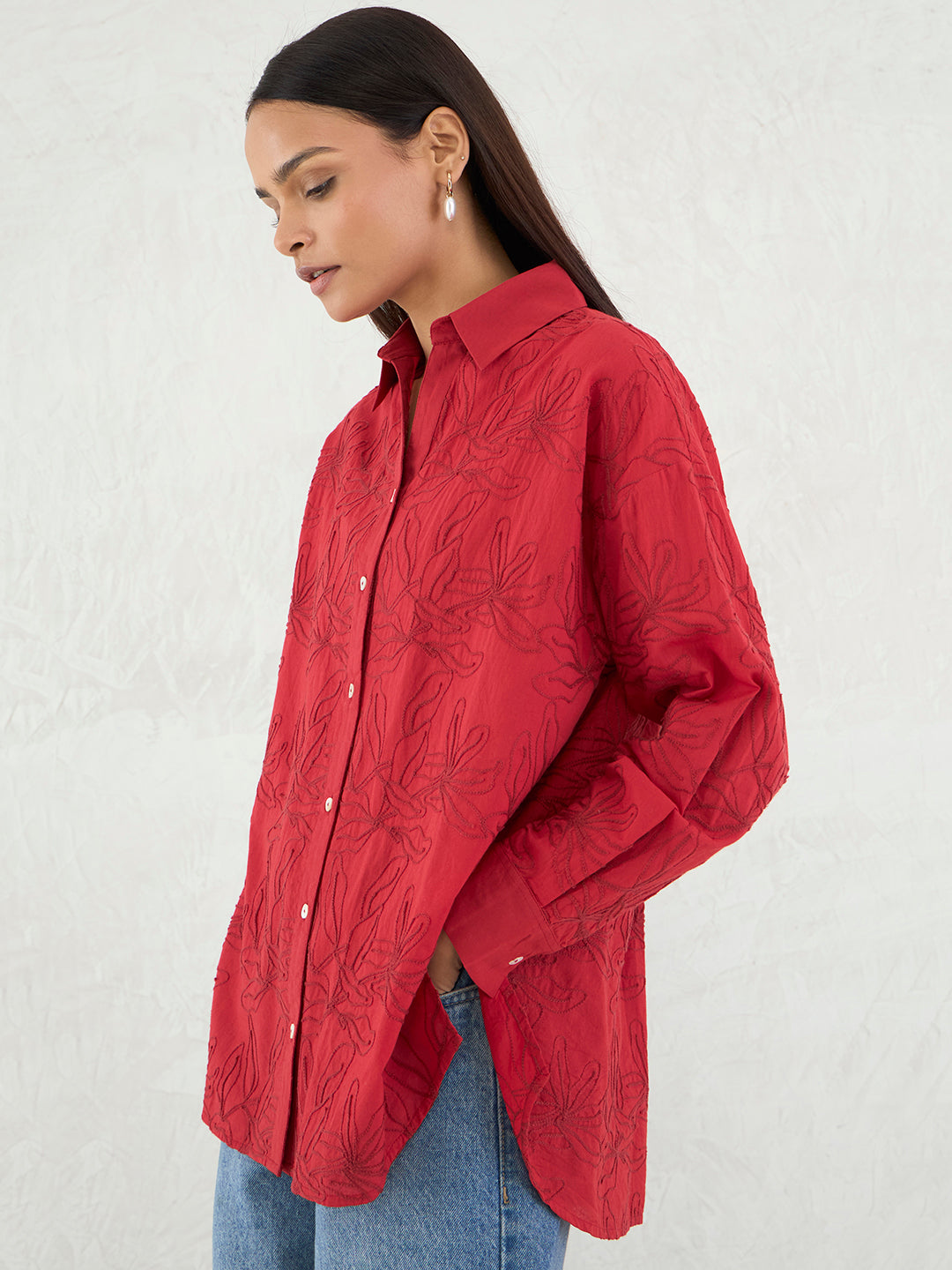 Red Embroidered Cotton Shirt