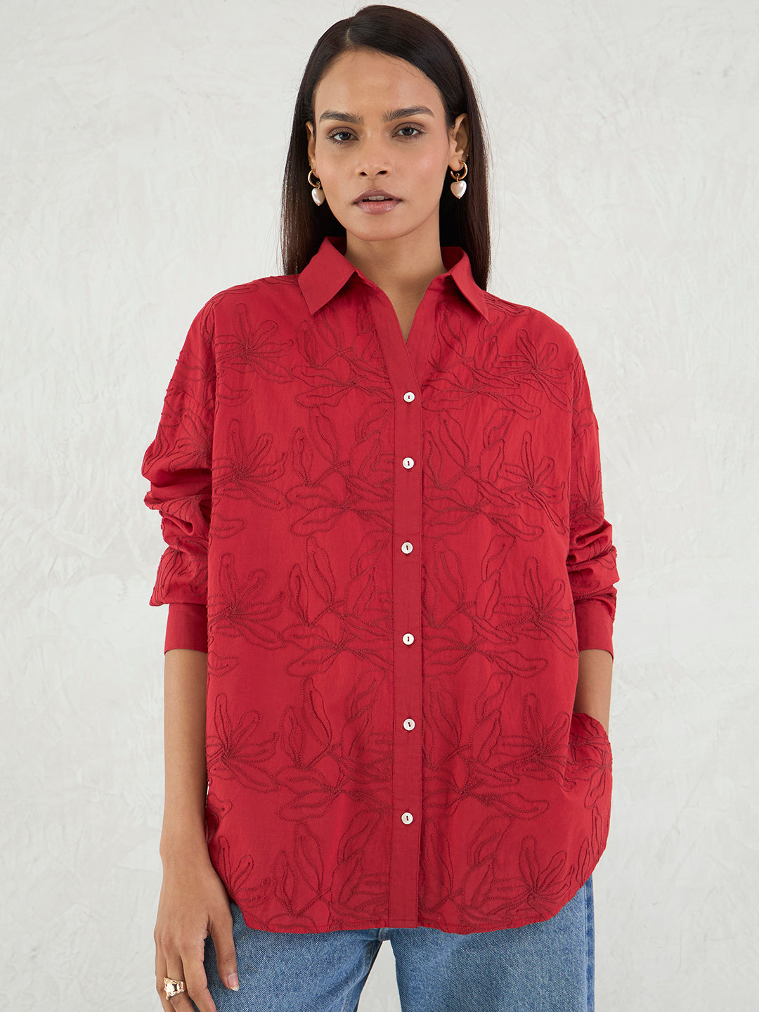 Red Embroidered Cotton Shirt