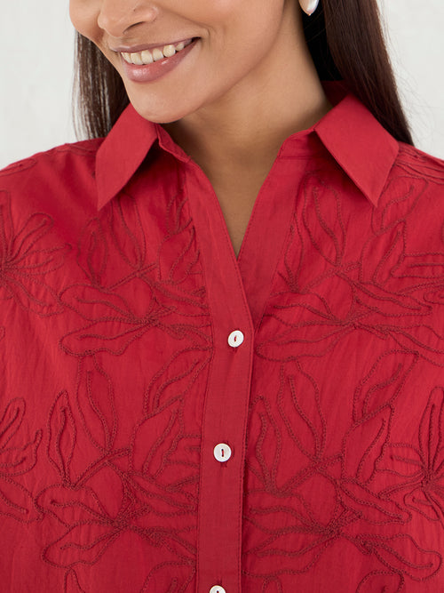 Red Embroidered Cotton Shirt