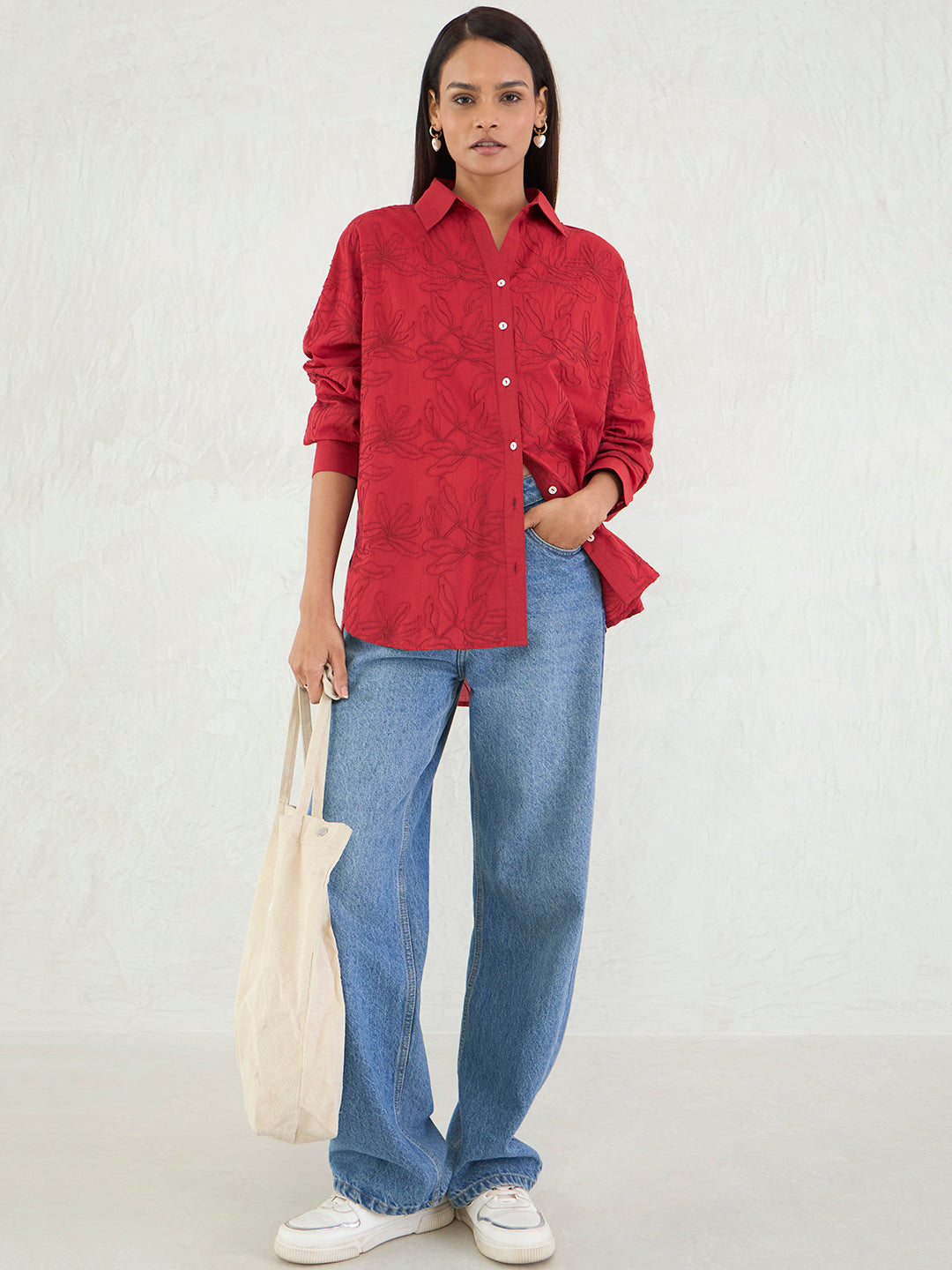 Red Embroidered Cotton Shirt