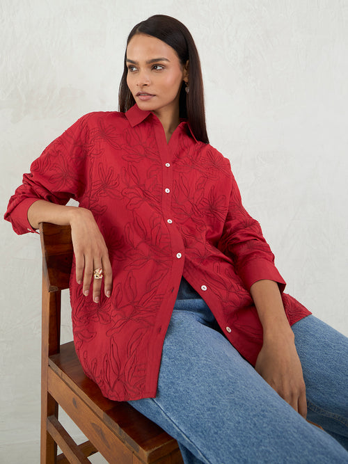 Red Embroidered Cotton Shirt