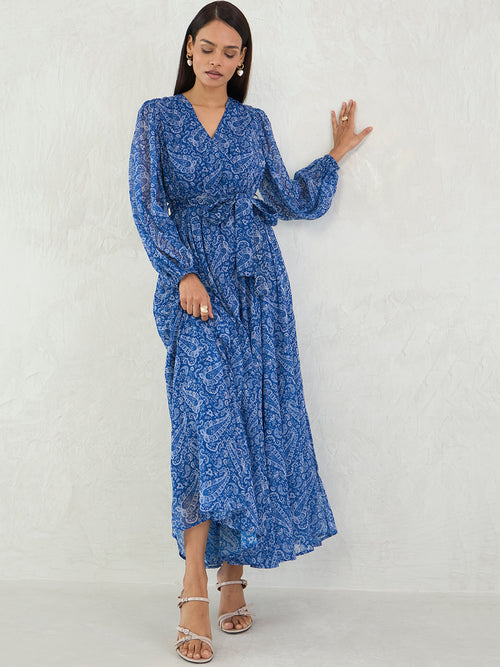 Blue Paisley Print Wrap Maxi Dress