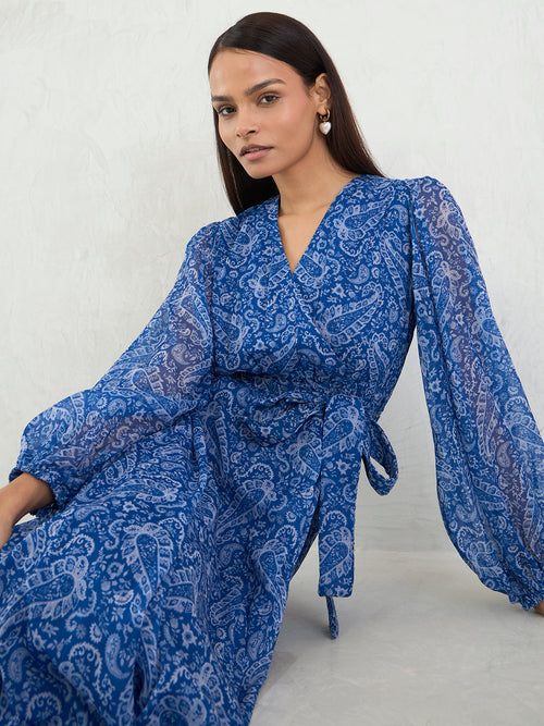 Blue Paisley Print Wrap Maxi Dress