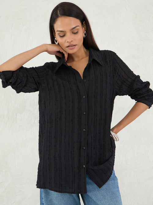 Black Textured Button Down Shirt