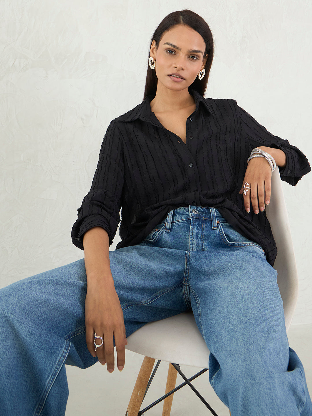 Black Textured Button Down Shirt