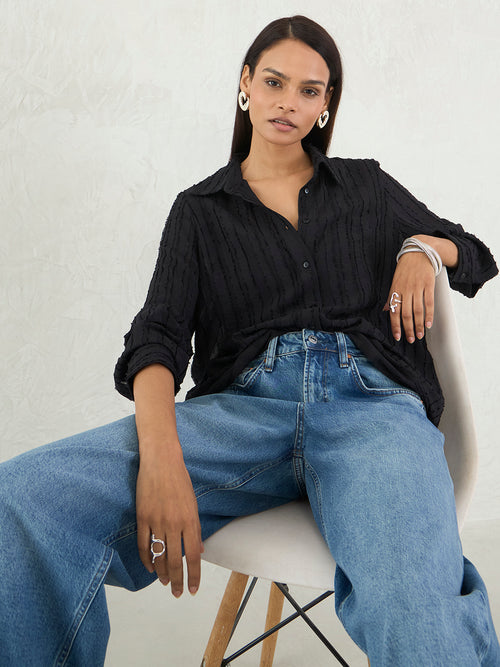 Black Textured Button Down Shirt