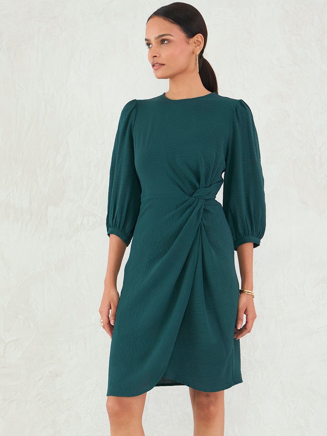 Forest Green Knotted Knee Length Dress