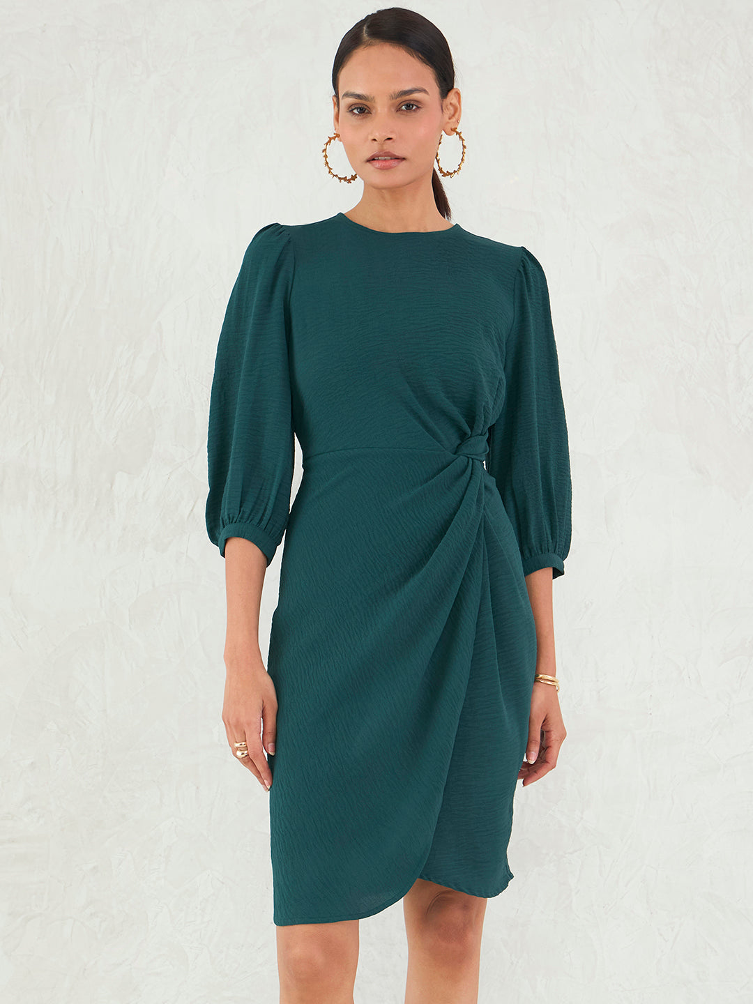 Forest Green Knotted Knee Length Dress