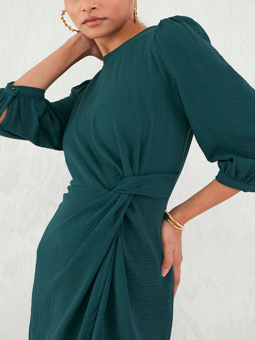 Forest Green Knotted Knee Length Dress