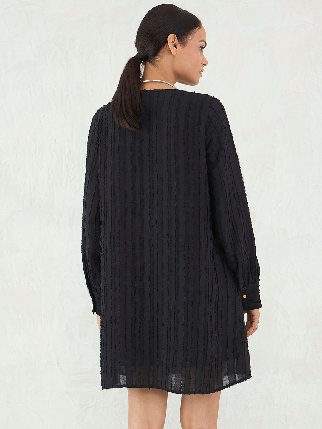 Black Textured Straight Fit Mini Dress