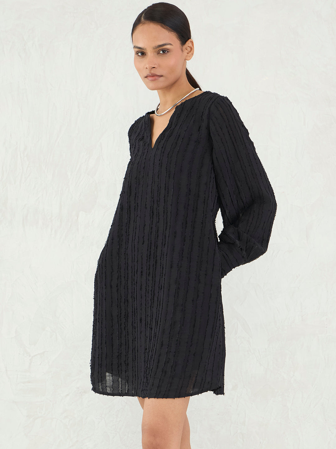 Black Textured Straight Fit Mini Dress