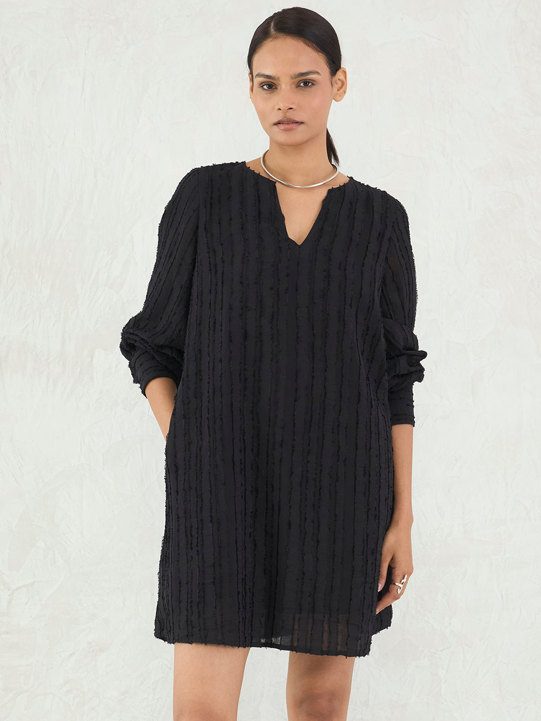 Black Textured Straight Fit Mini Dress