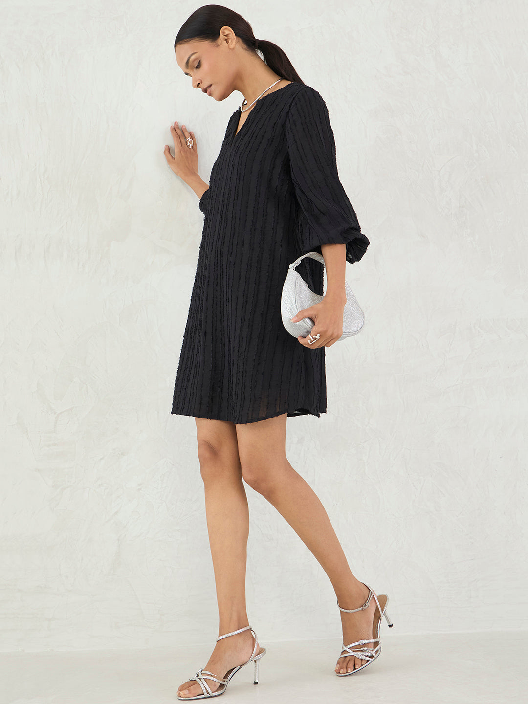 Black Textured Straight Fit Mini Dress