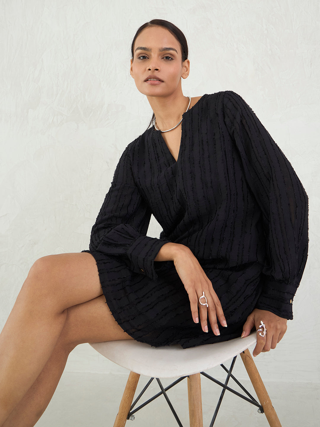 Black Textured Straight Fit Mini Dress