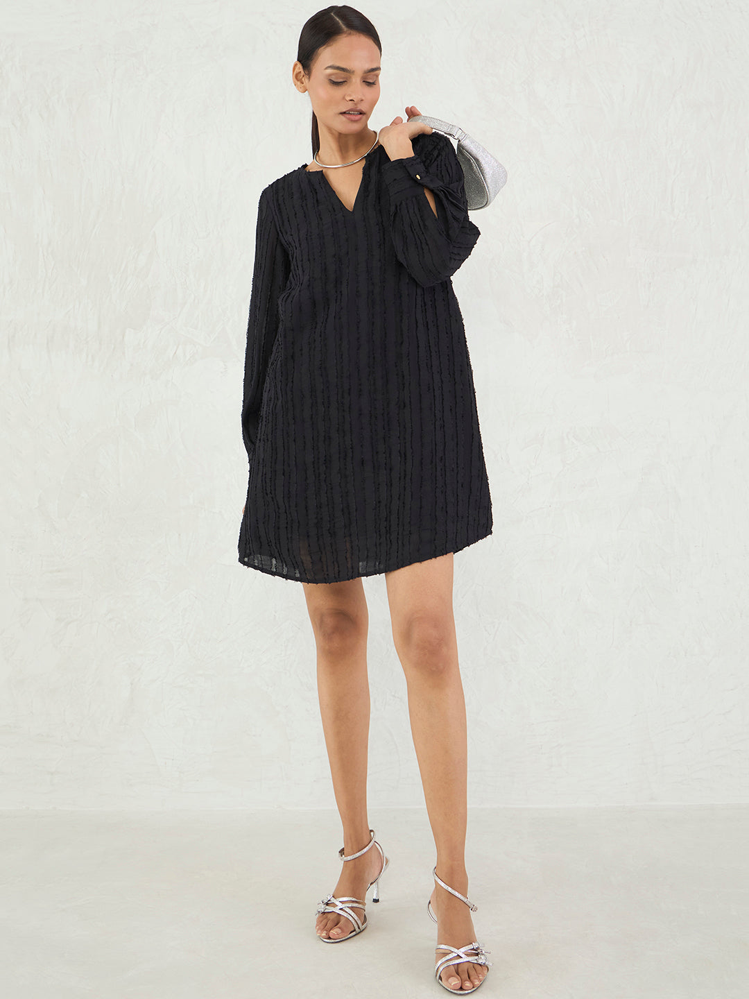 Black Textured Straight Fit Mini Dress