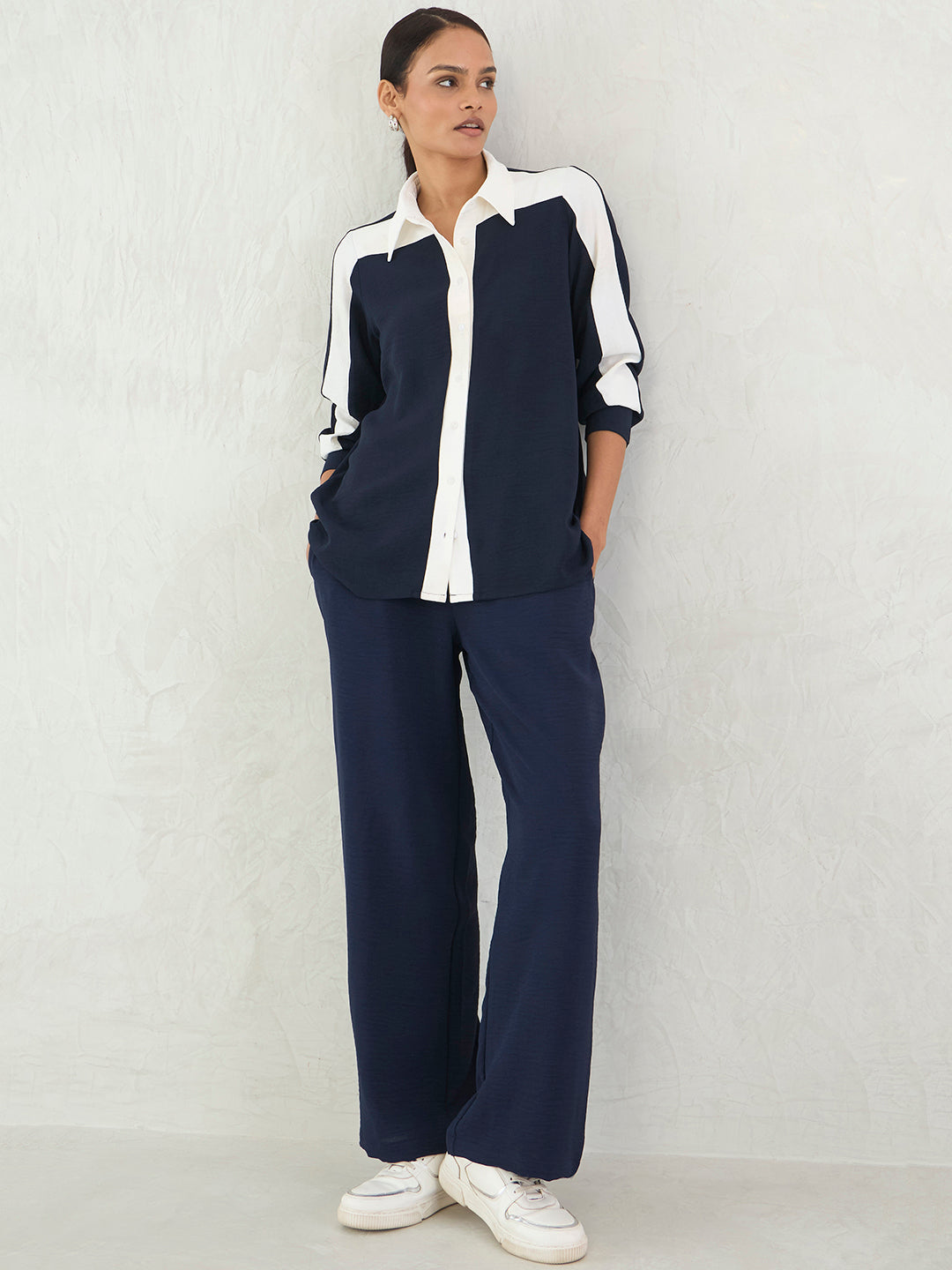 Navy & White Colorblock Shirt Co-Ord Set