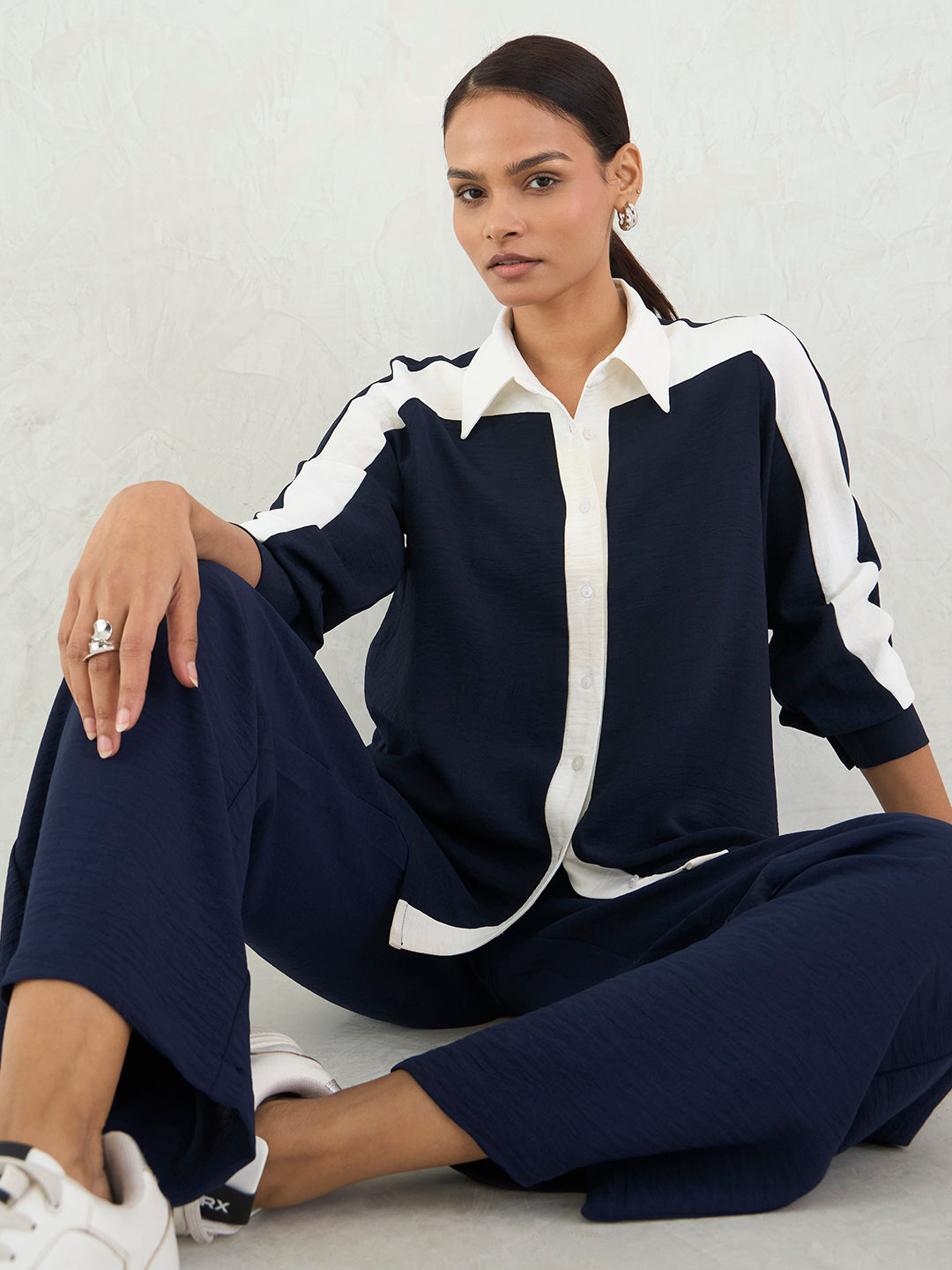 Navy & White Colorblock Shirt Co-Ord Set