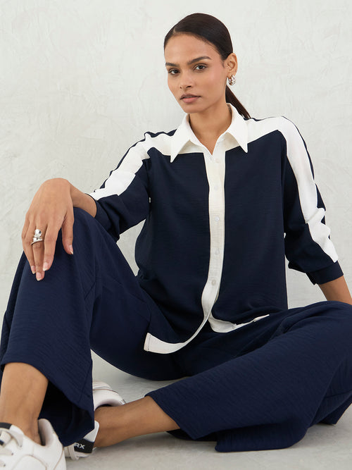 Navy & White Colorblock Shirt Co-Ord Set