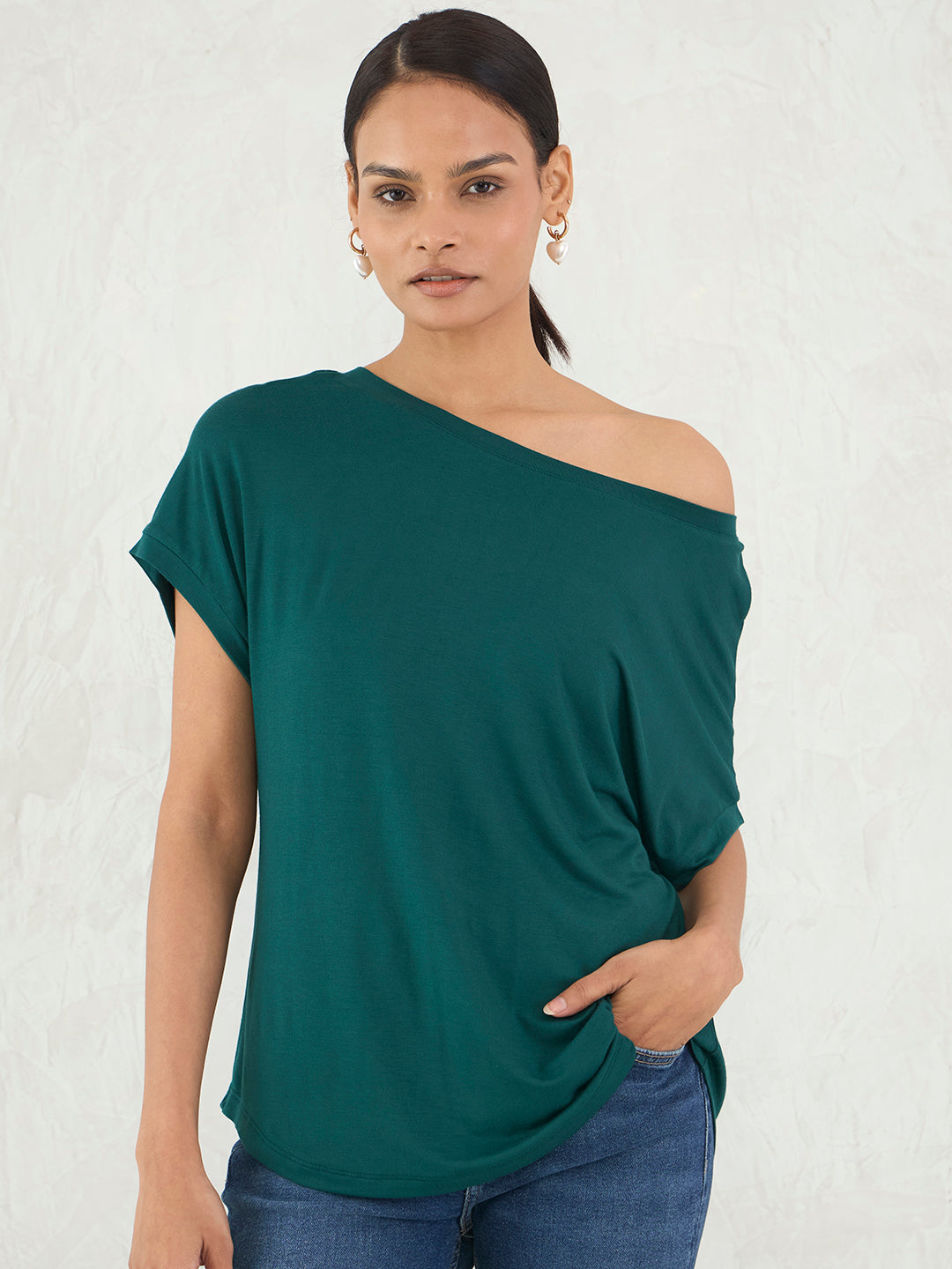 Bamboo Green Knit One Shoulder Top