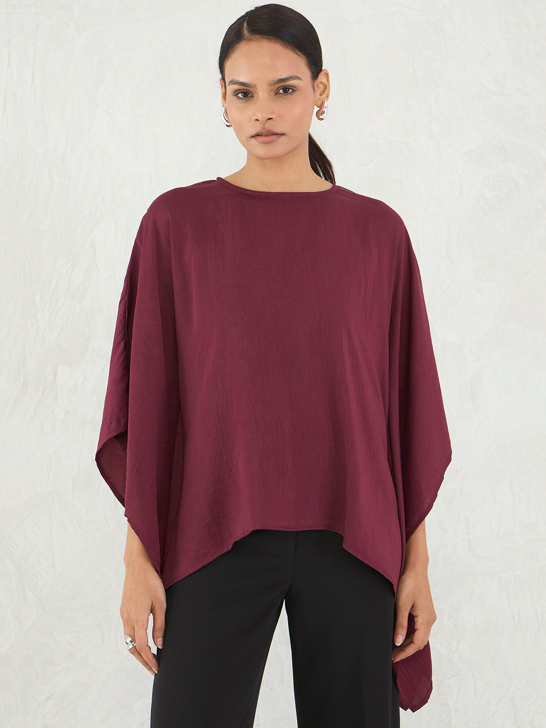 Wine Asymmetric Satin Top