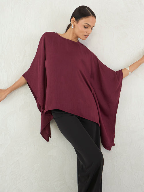 Wine Asymmetric Satin Top