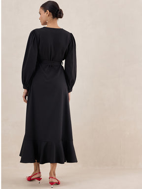 Black Wrap Belted Maxi Dress