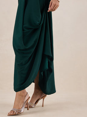 Green Satin Front Twisted Maxi Dress