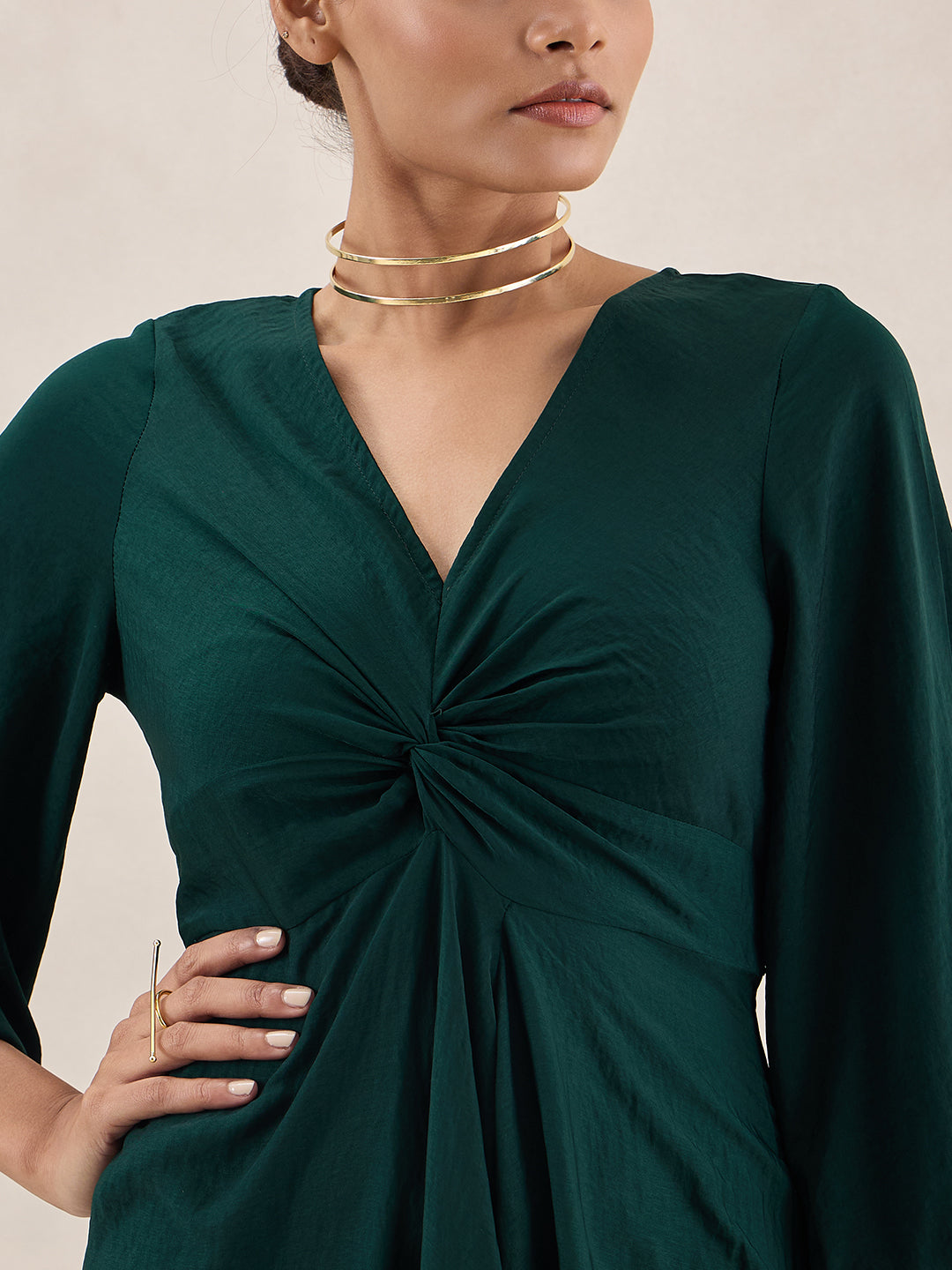 Green Satin Front Twisted Maxi Dress
